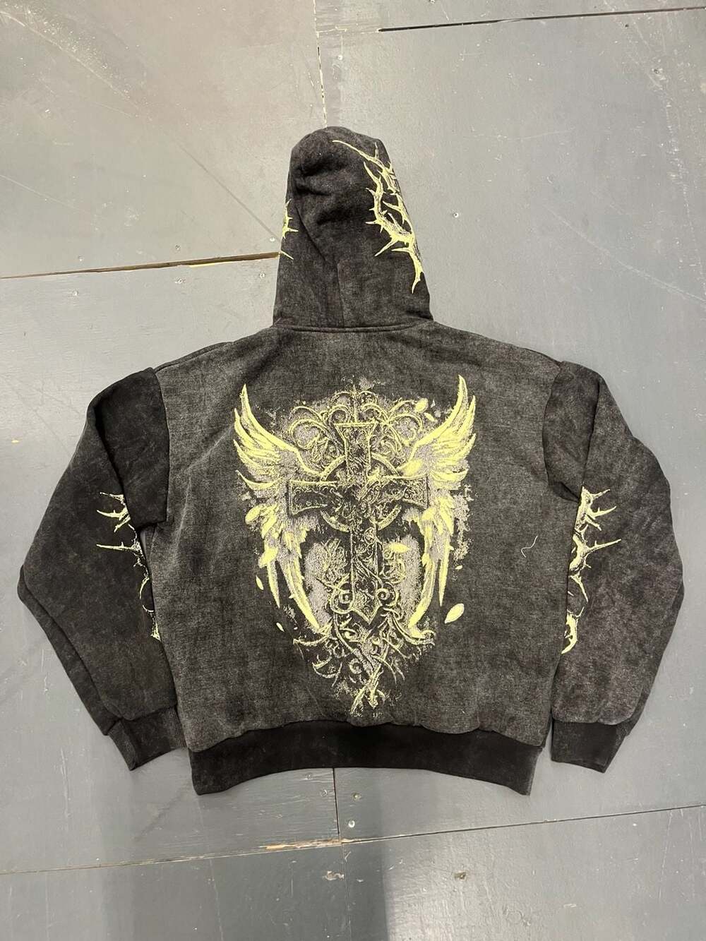 Anointed Dove Hoodie Black Wash Cross Graphic Pullover